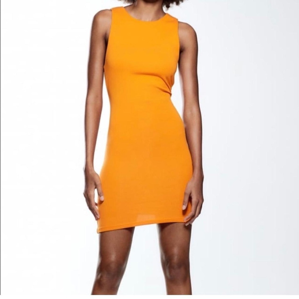 Zara Sleeveless Orange Bodycon Fitted Cotton Dress